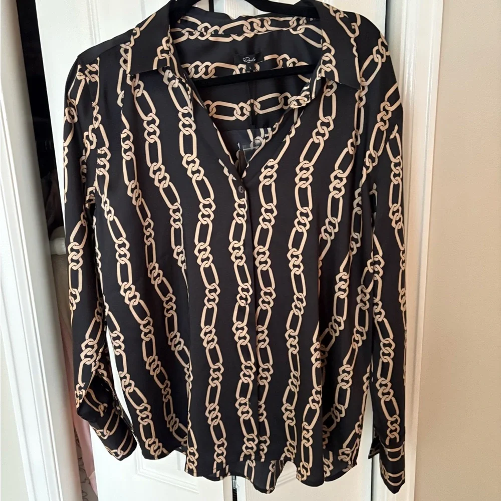 NWT Rails Chain-Print Button-Up Blouse - Black & Beige - Picture 1 of 5